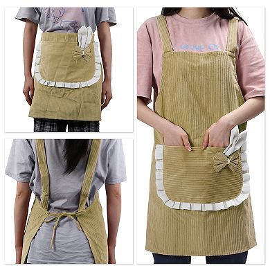 Women Kitchen Apron with Pockets, H Shoulder Corduroy Apron for Cooking Baking Cleaning Work