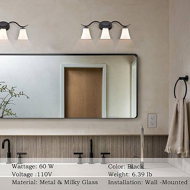 Lecce Farmhouse Black Bathroom Vanity Light Fixture with Milk Glass Shade 3-Light