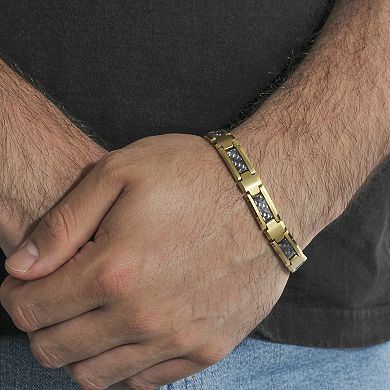 Steel Nation Men's Gold-Tone Tungsten Link Bracelet with Carbon Fiber Inlay