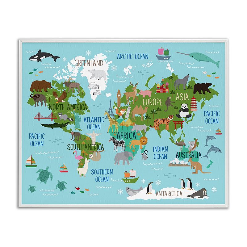 UPC 049182371775 product image for Stupell Home Decor Kid's Favorite Animals World Map Wall Art, White Framed | upcitemdb.com