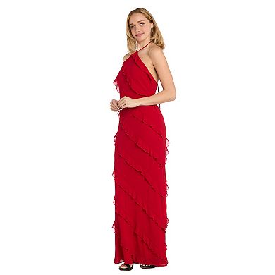 Juniors' Morgan and Co Asymmetric Ruffle Long Matte Chiffon Halter Dress