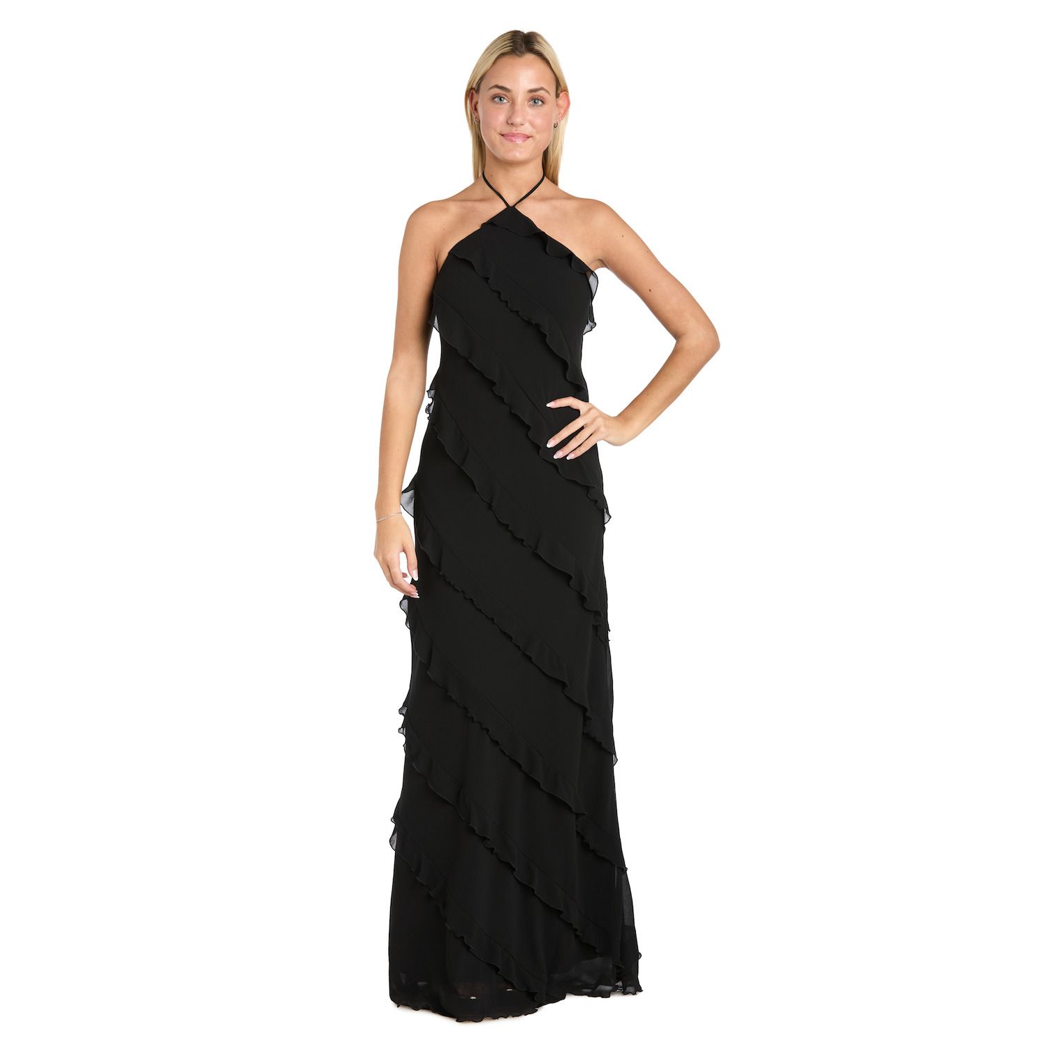 Женские платья Morgan Juniors' Morgan and Co Asymmetric Ruffle Long Matte Chiffon Halter Dress