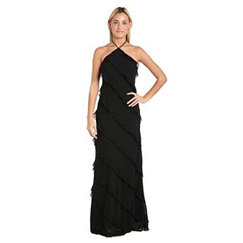 Juniors' Morgan and Co Asymmetric Ruffle Long Matte Chiffon Halter Dress