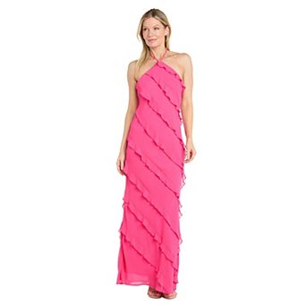 Juniors' Morgan and Co Asymmetric Ruffle Long Matte Chiffon Halter Dress