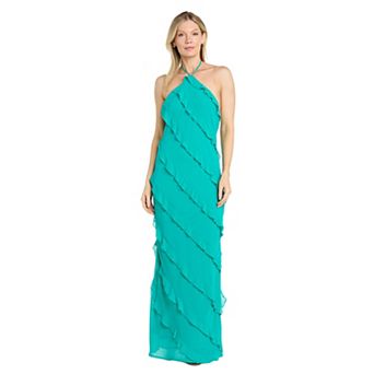 Juniors' Morgan and Co Asymmetric Ruffle Long Matte Chiffon Halter Dress