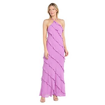 Juniors' Morgan and Co Asymmetric Ruffle Long Matte Chiffon Halter Dress