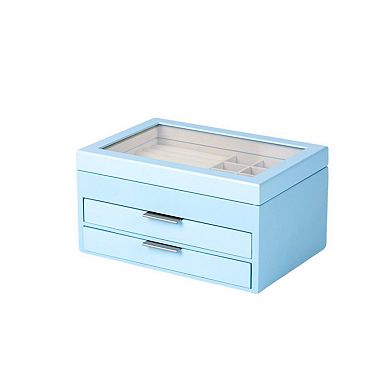 Powder Blue Lift Top Jewelry Box with 2 Drawers and Organizer Compartments