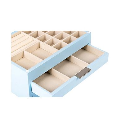 Powder Blue Lift Top Jewelry Box with 2 Drawers and Organizer Compartments