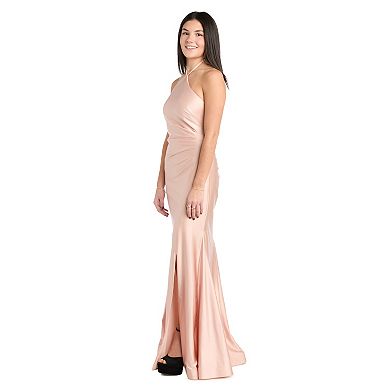 Juniors' Morgan and Co Long Bodycon Satin Double Bar Back Halter Dress