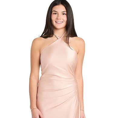 Juniors' Morgan and Co Long Bodycon Satin Double Bar Back Halter Dress
