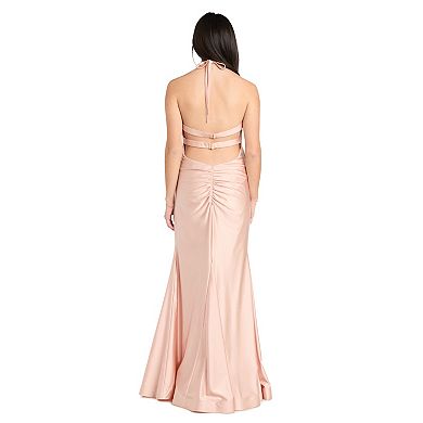Juniors' Morgan and Co Long Bodycon Satin Double Bar Back Halter Dress
