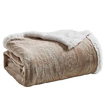 SimpleElegance Sunburst Medallion Embossed Sherpa Plush Throw Blanket