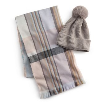 Women's Nine West Chevron Extended Plaid Beanie & Scarf Set