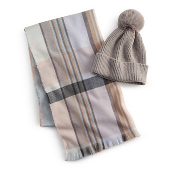 Women's Nine West Chevron Extended Plaid Beanie & Scarf Gift Set