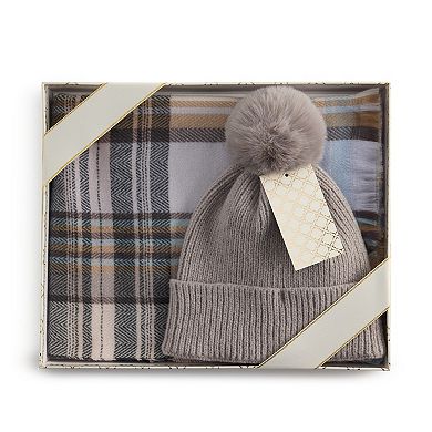 Women's Nine West Chevron Extended Plaid Beanie & Scarf Set