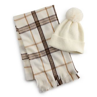Women's Nine West Brushed Window Pane Beanie & Scarf Set