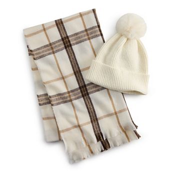 Women's Nine West Brushed Window Pane Beanie & Scarf Gift Set