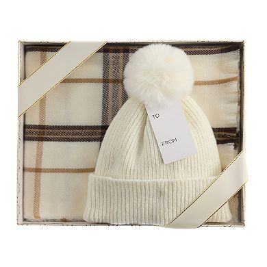 Women's Nine West Brushed Window Pane Beanie & Scarf Set