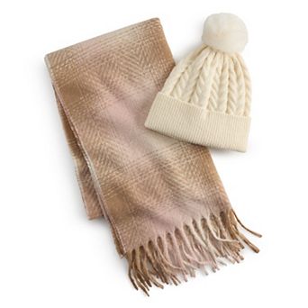 Women's Nine West Boucle Ombre Grid Scarf & Beanie Gift Set