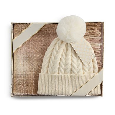 Women's Nine West Boucle Ombre Grid Scarf & Beanie Set