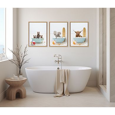 Sylvie Highland Cow Beach House Bath with Surfboard Framed Canvas by Amy Peterson