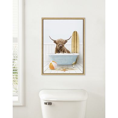 Sylvie Highland Cow Beach House Bath with Surfboard Framed Canvas by Amy Peterson