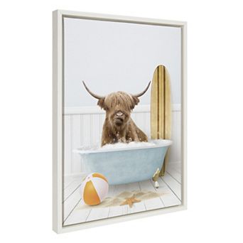 Sylvie Highland Cow Beach House Bath with Surfboard Framed Canvas by Amy Peterson