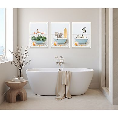 Sylvie Baby Elephant Beach House Bath with Surfboard Framed Canvas by Amy Peterson