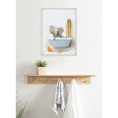 Sylvie Baby Elephant Beach House Bath with Surfboard Framed Canvas by Amy Peterson