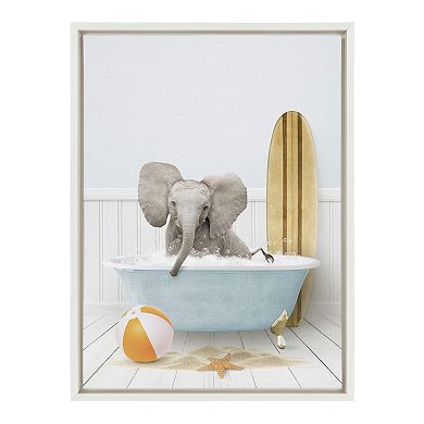 Sylvie Baby Elephant Beach House Bath with Surfboard Framed Canvas by Amy Peterson