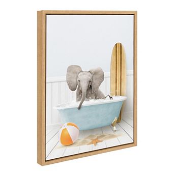 Sylvie Baby Elephant Beach House Bath with Surfboard Framed Canvas by Amy Peterson