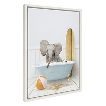 Sylvie Baby Elephant Beach House Bath with Surfboard Framed Canvas by Amy Peterson