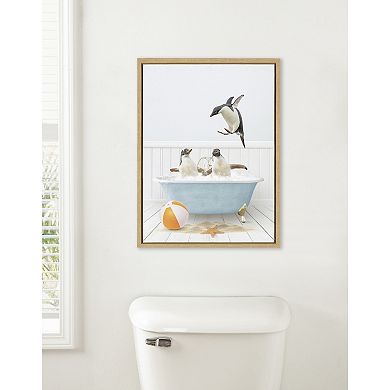 Sylvie Three Penguins Beach House Bath Framed Canvas by Amy Peterson