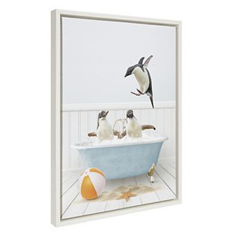 Sylvie Three Penguins Beach House Bath Framed Canvas by Amy Peterson