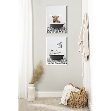 Sylvie Beaded Highland Cow in Black and White Stencil Bath Framed Canvas by Amy Peterson
