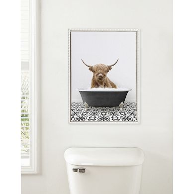 Sylvie Beaded Highland Cow in Black and White Stencil Bath Framed Canvas by Amy Peterson