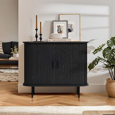 LuxenHome Mid-Century Modern 2-Door Accent Cabinet with Slatted Sliding Doors