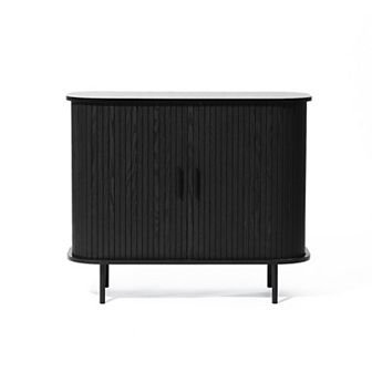 LuxenHome Mid-Century Modern 2-Door Accent Cabinet with Slatted Sliding Doors