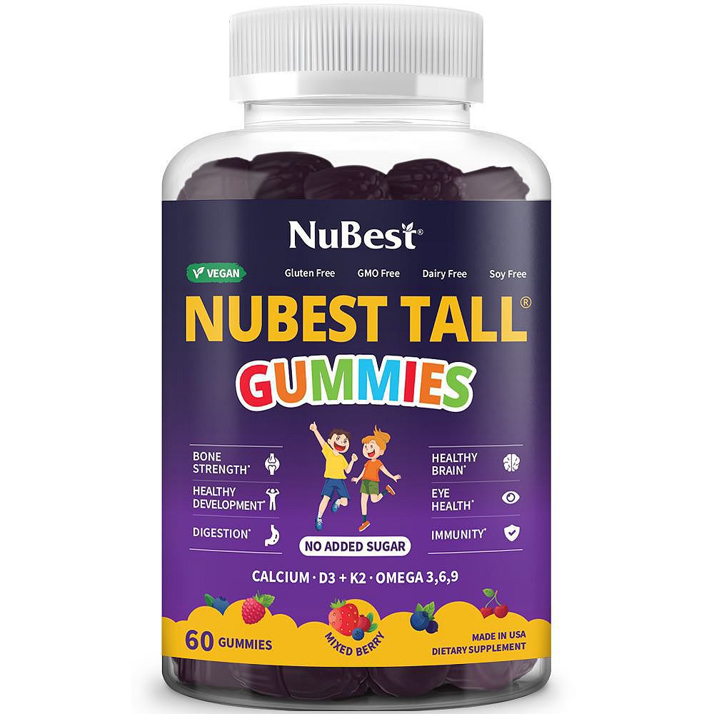 NuBest Tall Vegan Gummies, Height Growth Supplement For Ages 2+, No Added Sugar, Mixed Berry Flavor