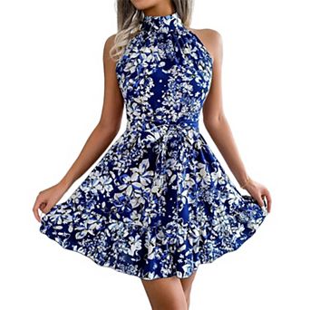 Summer Halter Neck Sleeveless Floral Print Dresses Belted Tie Beach Mini Dress Cocktail Dress