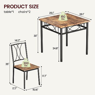 Kitchen Table and Chairs, Dining Table Set for 2, Square 3 Piece Dining Table Set