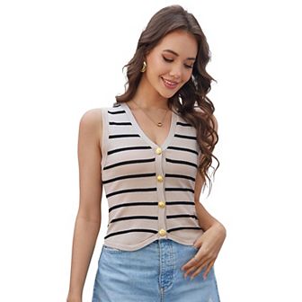 Women's Striped Sweater Vest Trendy Sleeveless V Neck Pullover Sweaters Knit Ribbed Tank Tops