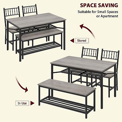 Dining Table Set for 4, Rectangular Kitchen Table and 2 Chairs with Storage Bench and Wine Rack