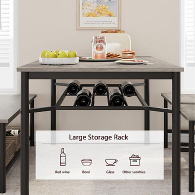 Dining Table Set for 4, Rectangular Kitchen Table and 2 Chairs with Storage Bench and Wine Rack