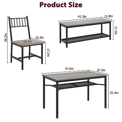 Dining Table Set for 4, Rectangular Kitchen Table and 2 Chairs with Storage Bench and Wine Rack