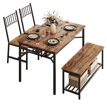 Dining Table Set for 4, Rectangular Kitchen Table and 2 Chairs with Storage Bench and Wine Rack