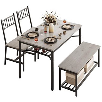 Dining Table Set for 4, Rectangular Kitchen Table and 2 Chairs with Storage Bench and Wine Rack