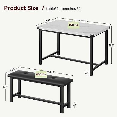 Dining Table Set for 4, Kitchen Table with 2 Upholstered Benches, 3 Piece Dining Room Table Set