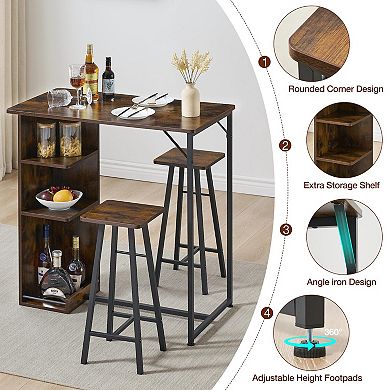 Small Dining Table Set, Kitchen Table And Stool Set, 3-Piece Bar Table Set With Storage Drawer