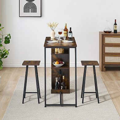 Small Dining Table Set, Kitchen Table And Stool Set, 3-Piece Bar Table Set With Storage Drawer